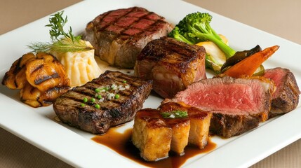 Gourmet Grilled Meat Platter with Colorful Vegetables and Sauces