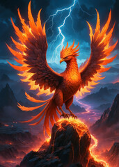 Majestic phoenix rising amidst thunderous skies in a fiery landscape
