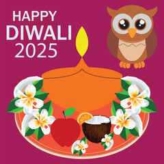Happy Diwali 2025 festive greeting card Design.Colorful Diwali 2025 greeting illustration featuring Diya lamp, owl, fruits, coconut, and flowers symbolizing traditional Indian festival celebration. 