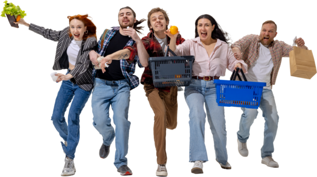 People rushing with grocery baskets and receipts in fast movement. Concept of price challenges, shopping rush, consumer culture, and lifestyle urgency. Transparent background