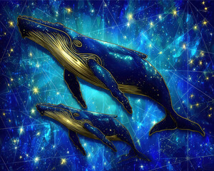 Stunning Humpback Whales Against Celestial Background of Stars