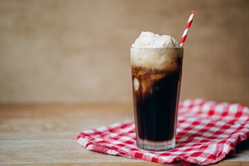 Summer drink Concept. Fizzy drink with foam served in a tall glass on a checkered napkin.