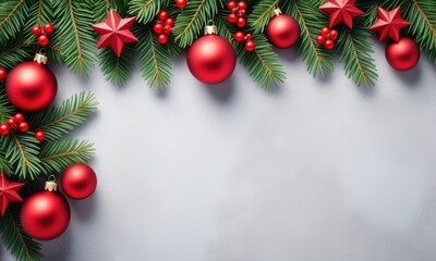 Festive red ornaments and pine branches on a soft gray background