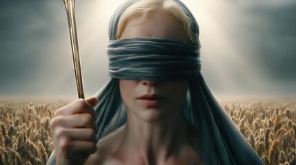 Blindfolded Woman Holding Staff in Wheat Field Under Dramatic Light