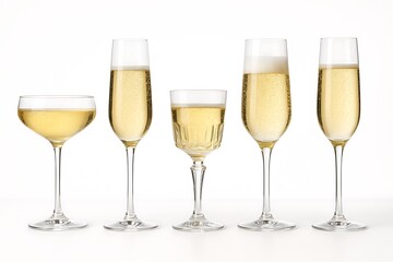 Different styles of sparkling wine glasses arranged in a row on a white background showcasing their unique designs