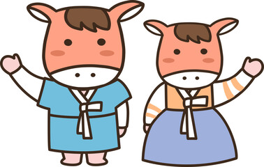 Korean Hanbok Cow Characters / 한복 입은 소 캐릭터 일러스트