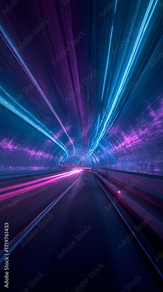 Poster neon-lit futuristic tunnel with vibrant blue and pink light trails creating a dynamic, high-speed vi