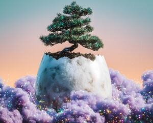 Bonsai Tree Emerging from Eggshell Surrounded by Colorful Clouds
