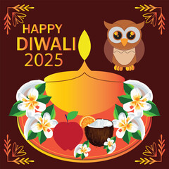 Happy Diwali 2025 festive greeting card Design.Colorful Diwali 2025 greeting illustration featuring Diya lamp, owl, fruits, coconut, and flowers symbolizing traditional Indian festival celebration. 