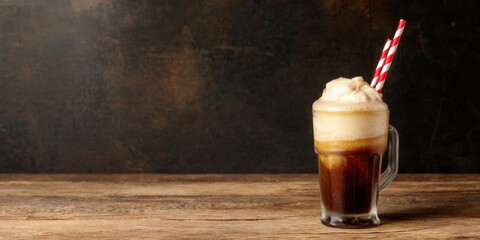 Summer drink Concept. Delicious iced coffee topped with whipped cream and a striped straw.