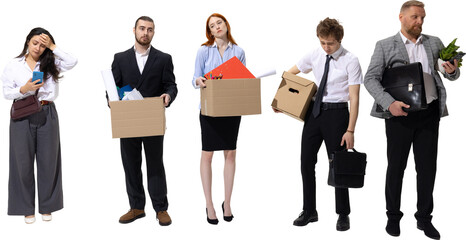 Group of dismissed office employees carrying boxes with sad expressions. Concept of job loss, corporate downsizing, financial instability, workplace and career uncertainty. Transparent background