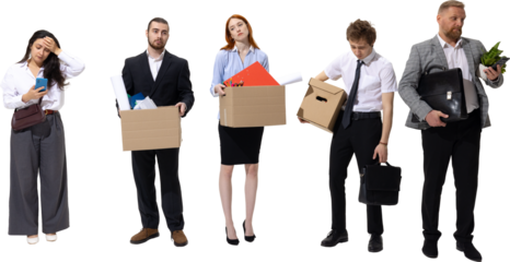 Group of dismissed office employees carrying boxes with sad expressions. Concept of job loss, corporate downsizing, financial instability, workplace and career uncertainty. Transparent background