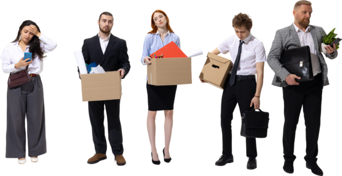 Group of dismissed office employees carrying boxes with sad expressions. Concept of job loss, corporate downsizing, financial instability, workplace and career uncertainty. Transparent background - Powered by Adobe