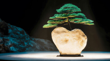 Unique Bonsai Tree on Rock with Soft Lighting for Interior Decor