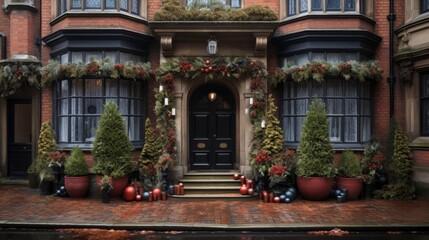 Fototapeta premium Elegant Victorian Townhouse with Festive Christmas Decor at Grand Entrance for Holiday Celebrations