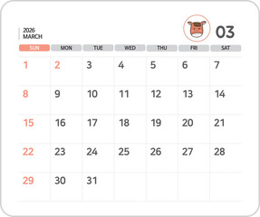2026 March Calendar Illustration / 2026년 3월 달력 일러스트