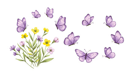 A beautiful flight of purple watercolor butterflies gracefully leaving a delicate spring wildflower bouquet