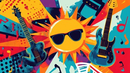 Vibrant Summer Music Illustration with Sun and Guitars