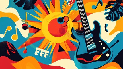 Fototapeta premium Colorful Abstract Art with Guitar and Music Elements in Vivid Design