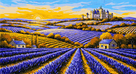 A picturesque Provence landscape bathed in the warm glow of sunset, with vibrant lavender fields stretching towards a distant chateau