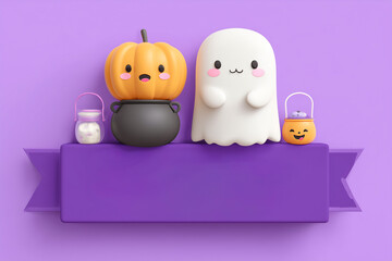 Fototapeta premium Cute Halloween characters with smiling faces on purple background.