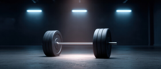 Heavy barbell for powerful weightlifting workout in dark gym. Intense training equipment symbolizes strength and determination for long personal fitness journey