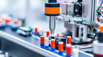 Automated machinery assembling electronic components on a production line