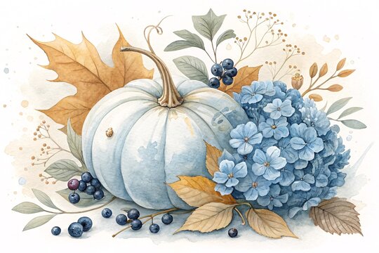 Illustration of watercolor illustration of a white pumpkin isolated on white background