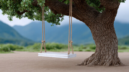 Serene retirement scene where an elder considers their pension plan. empty swing represents life policy and gentle care needed for peaceful future