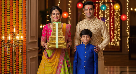 Obraz premium happy indian family holding gift box together on diwali festival