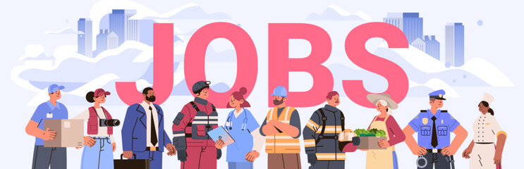 Jobs diverse professions teamwork urban background delivery photographer businessperson builder firefighter nurse farmer police chef flat design banner