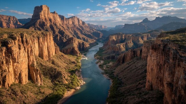 A breathtaking deep river canyon with steep rugged cliffs bathed in golden light earthy hues winding river sparse vegeta