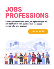 Jobs professions diverse workers group cityscape background various occupations chef police farmer firefighter doctor construction business delivery