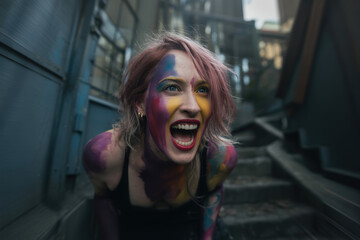 Vibrant and Expressive Portrait of Joyful Woman with Colorful Body Paint in Urban Setting