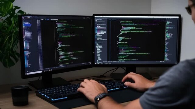Coding session with dual monitors for programming tasks