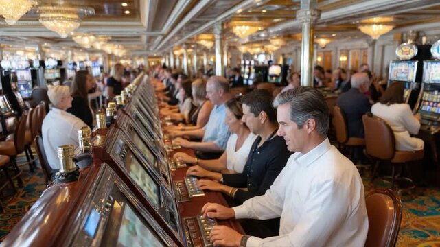 Casino Scene: A bustling casino captures the atmosphere of the gaming scene with rows of individuals engrossed in a captivating game. The scene is a tapestry of anticipation and possibility.