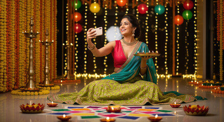 young indian woman taking selfie with smartphone on diwali festival at home