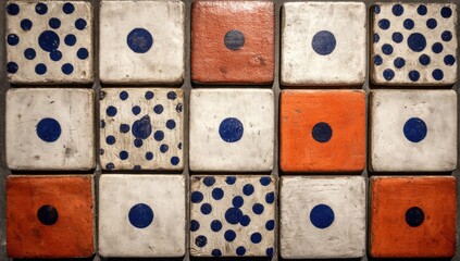 Fototapeta premium A grid of patterned ceramic tiles displays a repeating design of circles and dots, arranged in an organized layout on an off-white background with accents of orange.