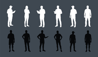 Male silhouette posture, black and white contrast, gesture sketch, object interaction, standing pose, minimalist design, lifestyle motion, anatomy reference