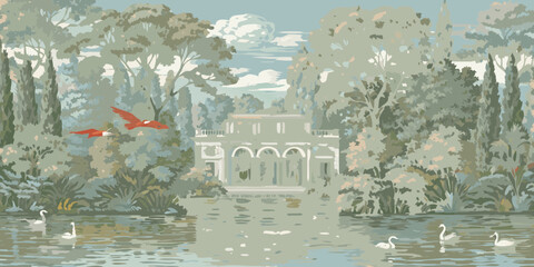 Tranquil park landscape with a classical building lake swans and flying birds in a muted color palette