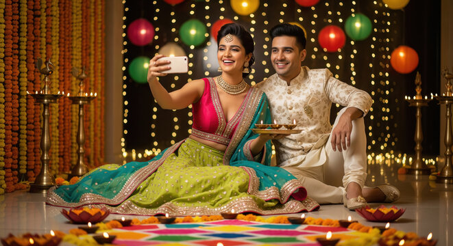 young indian couple taking selfie with smartphone on diwali festival