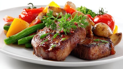 Gourmet Steak Meal: Savor the culinary perfection of a gourmet steak meal, exquisitely presented with a medley of colorful, fresh vegetables on a pristine plate.