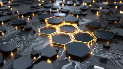 glowing hexagons digital circuit board