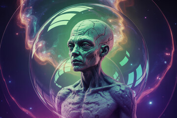 Mysterious Alien Figure in Cosmic Space with Vibrant Color Swirls and Ethereal Glow