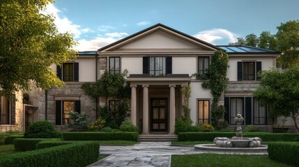 A grand two story home showcases classical architecture with towering columns, ornate windows, and a stone facade.