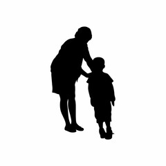 Silhouette of boy supporting mother to climb hospital stairs isolated on white background