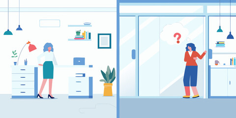 Woman in office workspace contemplating a question mark in a thought bubble outside a glass door