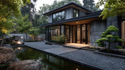 Obraz premium A modern house with large windows is surrounded by lush greenery including trees and shrubs,