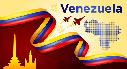 Venezuela Independence Day Banner with Flag Ribbon and Landmarks