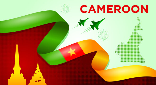 Cameroon National Day Banner with Flag Ribbon and Landmarks